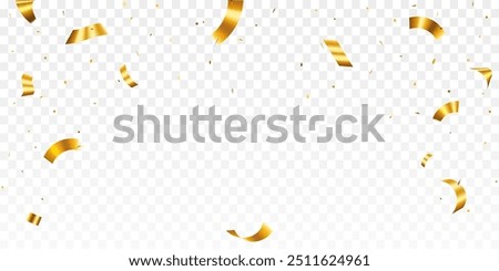 Gold confetti. Confetti celebration party background design, Falling shiny golden confetti isolated on transparent background, Celebration carnival ribbons, confetti,