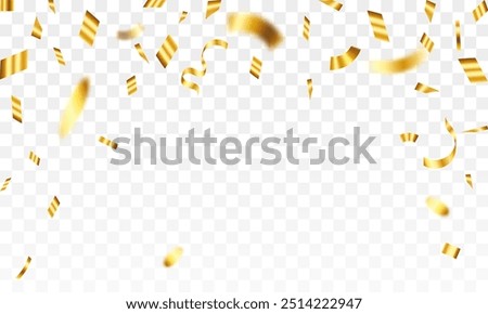 Luxury confetti flying for celebration party banner. Falling shiny golden confetti isolated on transparent background. confetti illustration.