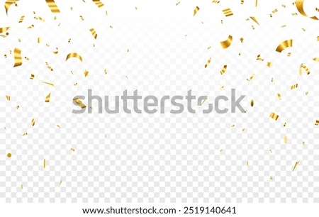 Gold confetti. Confetti celebration party background design, Falling shiny golden confetti isolated on transparent background, Celebration carnival ribbons, confetti,