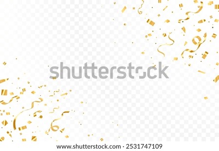 Confetti explosion on transparent background. Falling gold confetti seamless background. Holiday confetti element.