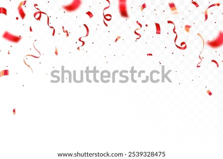 Red confetti. Shiny ribbons falling on abstract background. Design template for party celebration and birthday banner background, confetti,