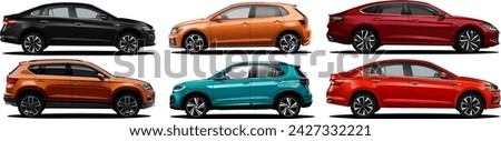 Vector Realistic Car Collection includes Red, black sedans and orange, green SUVs and orange Hatchback all this cars in side view with gradients and white background	