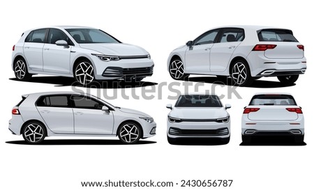 Realistic Vector Car hatchback Isolated White color and 3d perspective with transparency gradients with front, back, side view