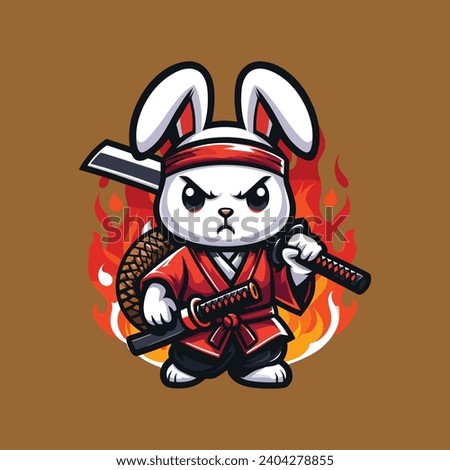 WHITE NINJA RABBIT ILLUSTRATION VECTOR IN WHITE, BLACK, ORANGE AND RED WITH BROWN BACKGROUND