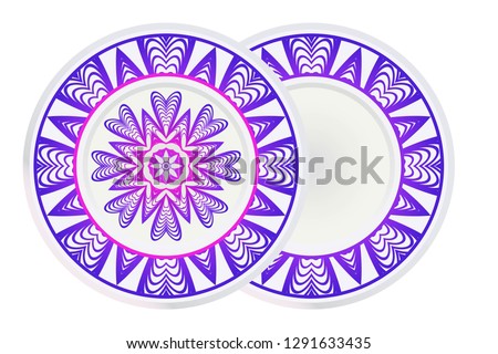 Mandala circular abstract floral lace pattern. Set of 2 matching decorative plates. Decorative mandala ornament. Vector illustration. Purple color.
