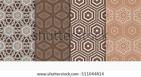 set of 4 geometry seamless pattern. shape triangle, hexagon. vector illustration. modern ornament. For design, wallpaper, background fills, card, banner. brown color