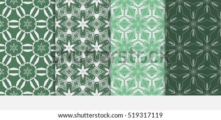 set of 4 geometry seamless pattern. abstract floral ornament. vector illustration. For design, wallpaper, background fills, card, banner. green color