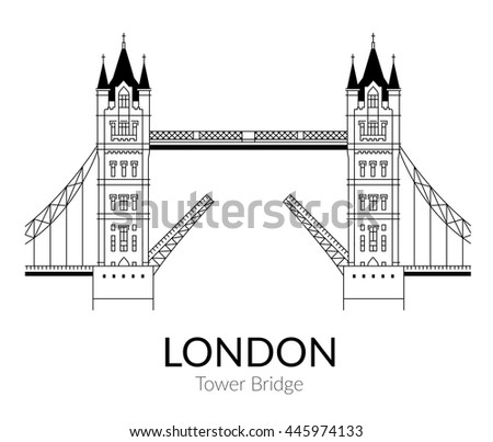 Vector sign of Tower bridge outline for Design, Website, Branding, Logotype, Map, Guide. Travel Britain Landmark silhouette Element.

