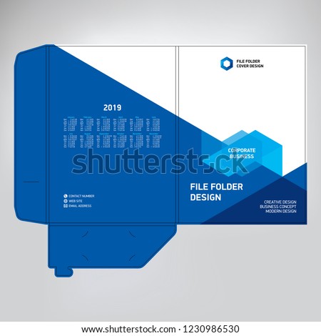 Document folder design, cover design, photo and text template, geometric blue background