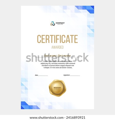 Design of certificate, diploma with medal, seal, layout in vector