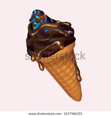 Chocolate ice cream in a waffle cone with salted caramel. Vector illustration on a light background. Realistic 3d symbol design. Eps 10