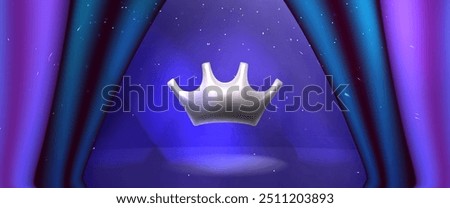 3d silver crown    award scene with  luxury curtains of blue color. Spotlight