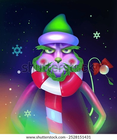 Vector illustration of a Funny  Winter Monster  wearing a green hat and  red scarf. 