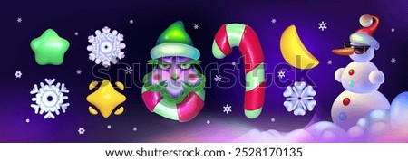 Merry Christmas and Happy New Year of set . Funny Winter Monster, snowman,  candy cane, snowflakes, stars. Collection of New Year's objects