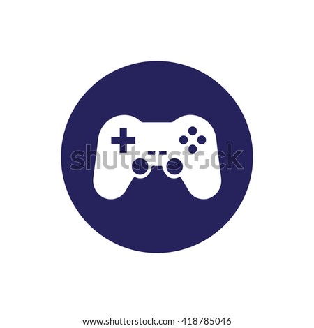White game controller vector icon illustration. Blue circle. Blue button