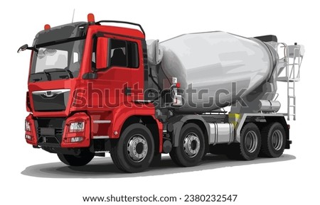 Concrete cement mix delivery work transport heavy 3d engine machine car mixer red vehicle man Daf truck isolated site white background. Construction illustration modern vehicle vector template