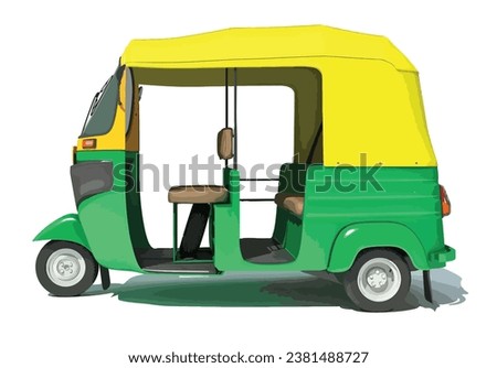 traditional public city taxi tuk tuk cab car transport India trip 3d cart model auto road Asia logo icon side view green yellow small  sign symbol template vector design