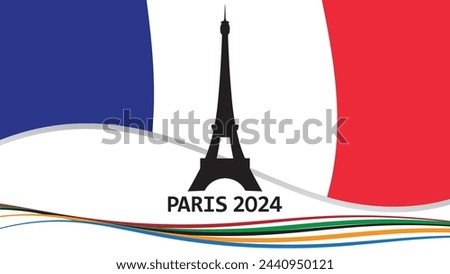 2024 Summer Games Paris France. July 26 2024. Eiffel Tower, Green, Red, Yellow, Black, Blue. Eiffel Tower Silhouette. Simple Illustration, Vector, EPS. HD Image. High Definition. Website Image