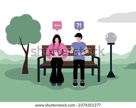 A girl with light skin, dark hair of European appearance in fashionable clothes is sitting on a bench in a park in a smartphone next to  tree and a lantern