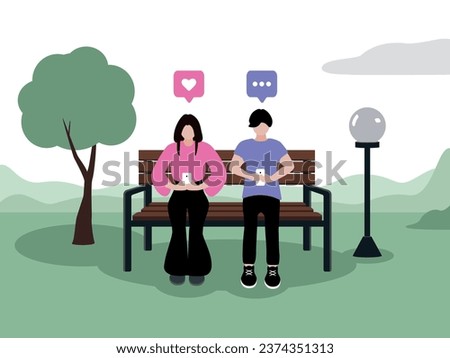 A guy and a girl with light skin, dark hair with a European appearance in fashionable clothes are sitting on phones in a park on a bench next to a tree and a lantern. She likes him, and he chats, text