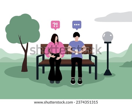 A guy with light skin, dark hair with a European appearance in fashionable clothes is sitting in a smartphone in the park on a bench next to a tree and a lantern with his girlfriendrom the phone