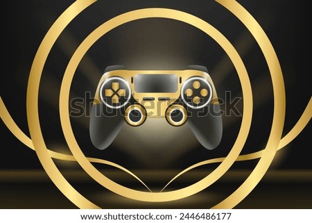 Game controller or gamepad in gold color on a bright background. Golden joystick with sticks and buttons. Vector illustration