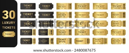 Ticket in gold and black colors. Set of luxury coupon khaki icon. Vintage pass symbol. Admit one sign. Golden paper admission on white background