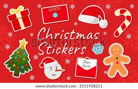 Christmas sticker set consisting of Santa hat with snowman, New Year tree, mail letter to Claus, gingerbread man, gift box, candy cane. Xmas stickers for printing commerce and other