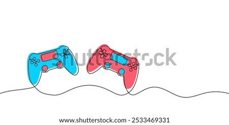 Continuous one line drawing of two game controller or joystick. Gamepad icon in single outline style. Gaming linear symbol editable stroke. Vector illustration on white background