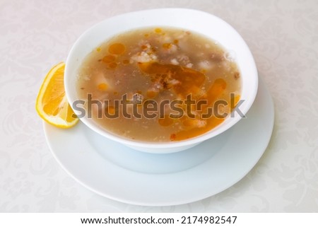Turkish Traditional Tripe Soup. Iskembe, beyran, kelle paca corbasi. Stock fotó © 