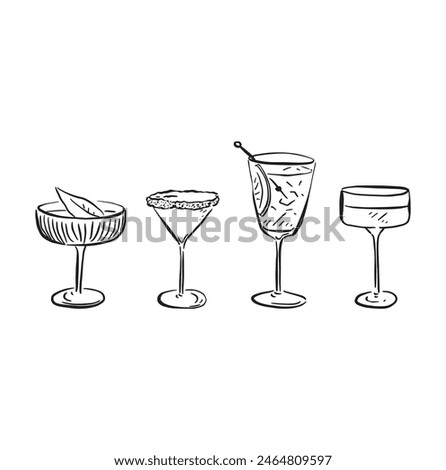 A line drawn illustration of individual cocktails in a sketchy style. Black and white sketch, vectorised for a wide variety of uses. This file consists of 4 individual vectors.