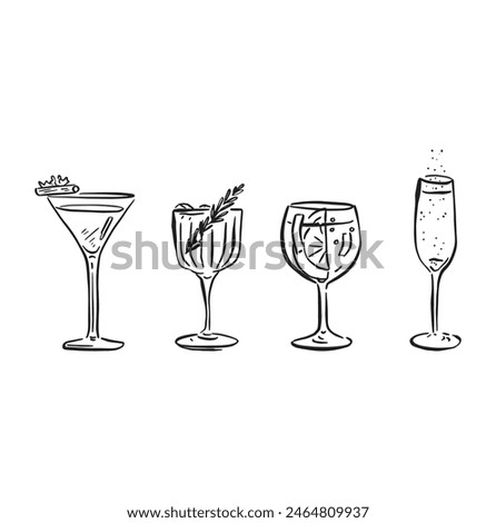 A line drawn illustration of individual cocktails in a sketchy style. Black and white sketch, vectorised for a wide variety of uses. This file consists of 4 individual vectors.