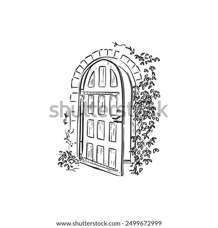 A line drawn garden door. Secret garden door in black and white line drawn. Vector, ivy, foliage, garden. Drawn by hand.