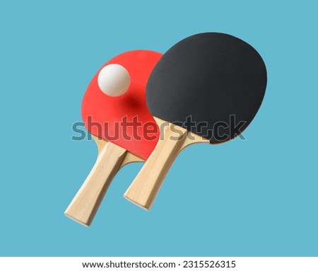 Similar – Foto Bild Roter Schläger für Tischtennis mit weißem Ball auf blauem Hintergrund. Tischtennis-Sportgerät in minimalem Stil. Flachlegung, Draufsicht, Kopierraum