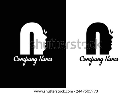 N letter natural beauty logo design with woman face and leaves, applicable for saloon, spa, cosmetic, makeup artist, fashion, natural product, health industry. illustration of a silhouette of a women.