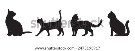 Set of black silhouette cats in different poses. Vector illustration isolated on white background.