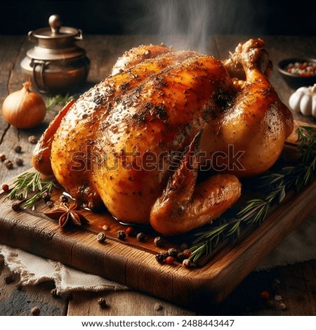 Foto Bild Köstlich gebratenes ganzes Huhn oder Truthahn mit Kartoffeln auf dunklem, rustikalem Holzküchentisch mit Kräutern und Gewürzen. Ansicht von oben. Hausmannskost