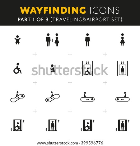 Vector Wayfinding Icons Traveling and Airport Part of Set. Navigate sign.