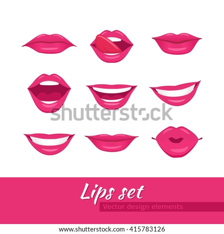 Woman lips set. Mouth with a kiss, smile, tongue. Vector illustration ...