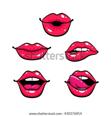 Female lips set. Mouth with a kiss, smile, tongue, teeth. Vector comic illustration in pop art retro style isolated on white background.
