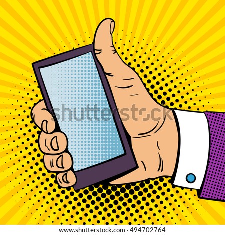 Pop art background with male hand with thumb up holding a smartphone with empty screen for your offer . Vector colorful hand drawn illustration in retro comic style.