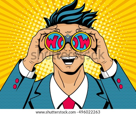 Wow pop art man. Young surprised man in suit with open smile holding binoculars in his hands with inscription wow in reflection. Vector illustration in retro comic style. Colorful pop art background.