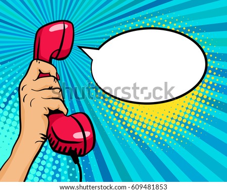 Pop art background with female hand holding old phone handset and empty speech bubble for your offer on halftone background. Vector colorful hand drawn illustration in retro comic style.