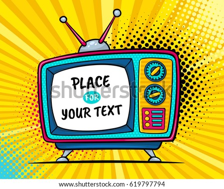 Hand drawn comic retro TV set with place for your text on screen on halftone and dots. Vector colorful background in pop art retro comic style. 