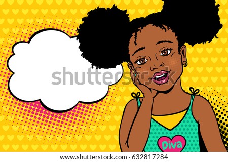 Wow pop art kids face. Happy surprised little african american girl with open mouth and afro hairstyle and empty speech bubble.Vector bright background in pop art retro comic style. Invitation poster.