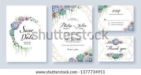 Greenery, succulent and branches Wedding Invitation card, save the date, thank you, rsvp template. Vector.  Foto stock © 