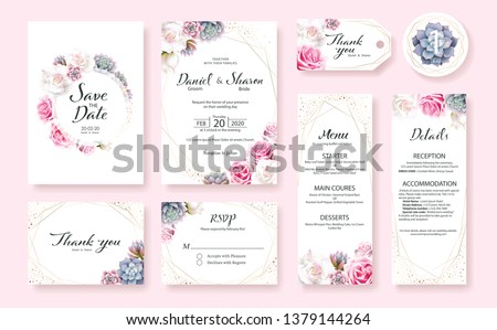 Floral Wedding Invitation card, save the date, thank you, rsvp, table label, menu, details, tage template. Vector. Pink and White Rose flower, Succulent plants. Photo stock © 