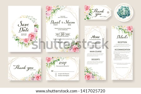 Floral Wedding Invitation card, save the date, thank you, rsvp, table label, tage template. Vector. Rose flower, Succulent, greenery plants. Photo stock © 