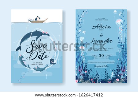 Set of wedding cards, Invitation, save the date template. Sealife, Under the sea image. Vector.