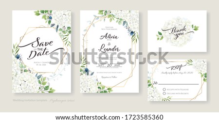 Wedding Invitation, save the date, thank you, RSVP card Design template. Vector. White Hydrangea flowers with greenery. Watercolour style.